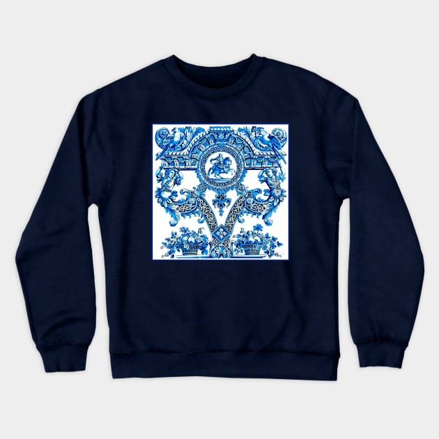 Dutch Blue Delft Parrots Cherubs Fruit Baskets and Horse and Rider Print Crewneck Sweatshirt by posterbobs